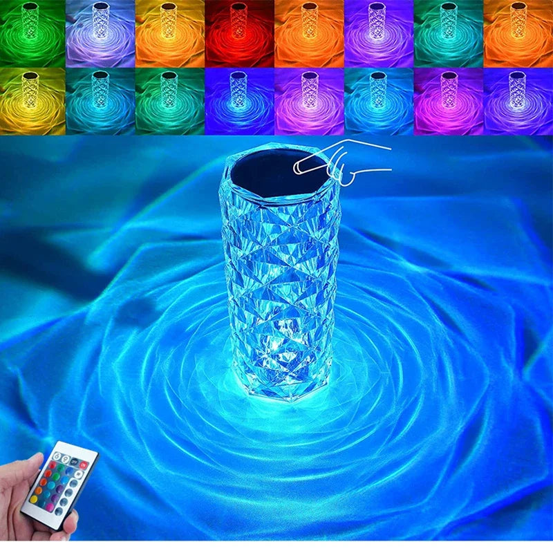 LED Rose Lamp Crystal Table Lamp 3/16 Colors Touch/Remote Diamond Romantic Christmas USB Party Night Light Projector Light