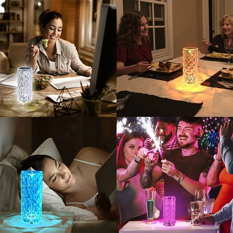 LED Rose Lamp Crystal Table Lamp 3/16 Colors Touch/Remote Diamond Romantic Christmas USB Party Night Light Projector Light