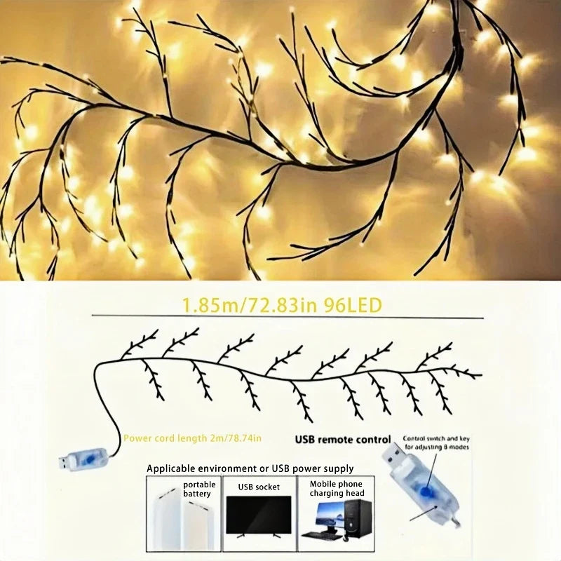 72/96Led Lights,8Moeds Remote Control USB Powered Bendable Willow Vine Light, For Wall Home Decor Indoor Outdoor Night Lights