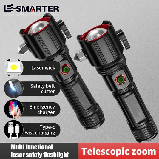 High Power Zoom LED Flashlight with USB Charging COB Safety Hammer Multi-functional Waterproof Aluminum Alloy White Laser Torch