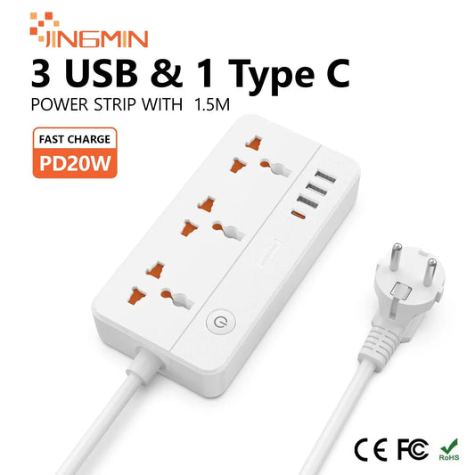 Power Multi Tap Universal Plug EU Outlet Power Strip with 1.5m Extension Cord AC Type C USB Port Charge Electrical Socket
