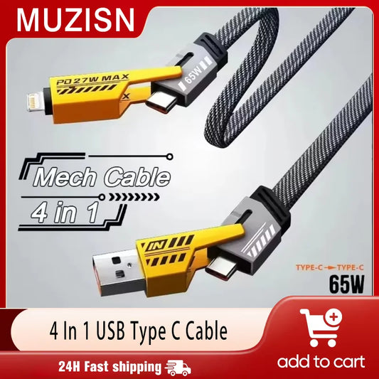 4 In 1 USB Type C Cable 6A Fast Charging for Huawei Redmi Samsung iPhone 16-12 11 Travel Wall Portable USBC Data Cord for Phone